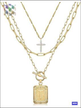 Layered Initial Necklaces Dainty 14K Gold Plated Paperclip Chain Cross Pendant